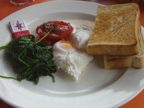 Eggs, toast, spinach and tomato